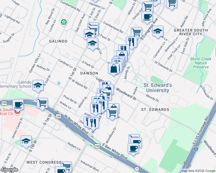 map of restaurants, bars, coffee shops, grocery stores, and more near 3400 South Congress Avenue in Austin