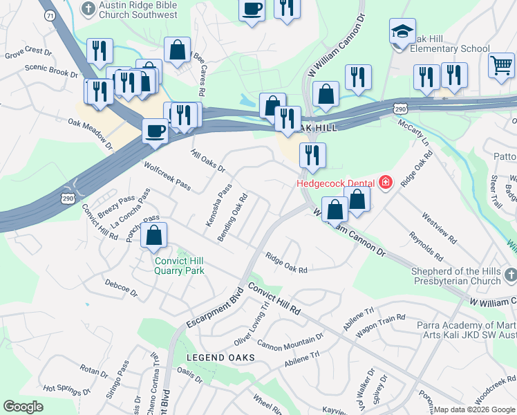 map of restaurants, bars, coffee shops, grocery stores, and more near 7009 Wandering Oak Road in Austin