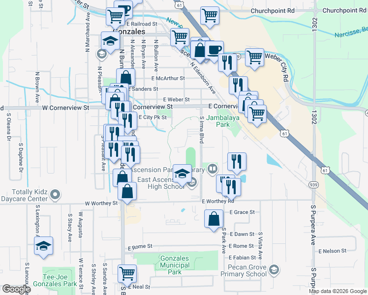 map of restaurants, bars, coffee shops, grocery stores, and more near 612 West Worthy Street in Gonzales