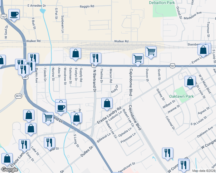 map of restaurants, bars, coffee shops, grocery stores, and more near 303 Macon Road in Lafayette