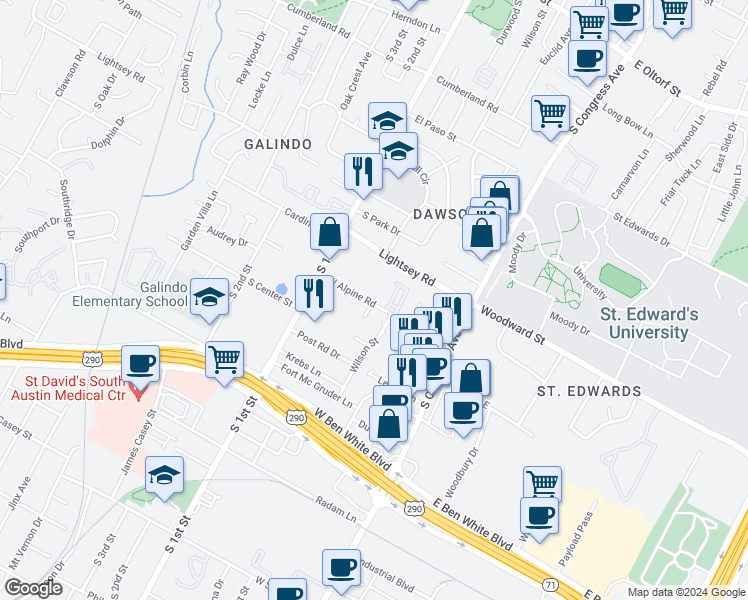 map of restaurants, bars, coffee shops, grocery stores, and more near 404 West Alpine Road in Austin
