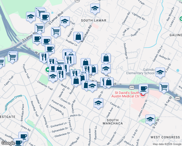 map of restaurants, bars, coffee shops, grocery stores, and more near 1606 Fort View Road in Austin