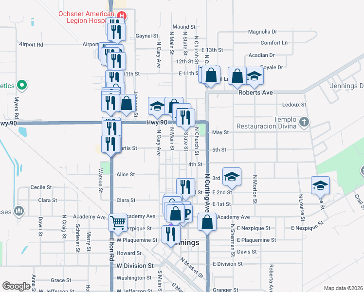 map of restaurants, bars, coffee shops, grocery stores, and more near 1002-1014 North Church Street in Jennings