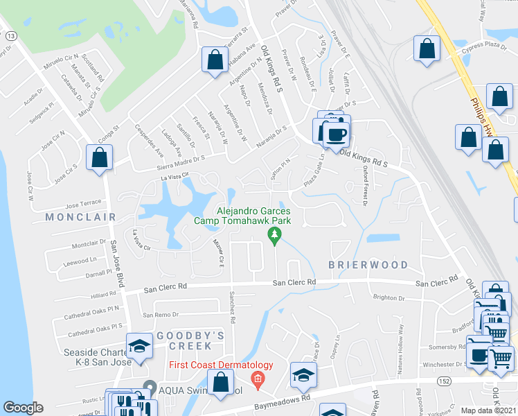 map of restaurants, bars, coffee shops, grocery stores, and more near 4331 Plaza Gate Lane South in Jacksonville