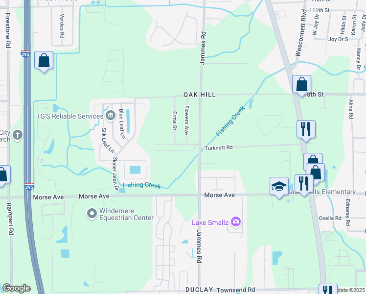 map of restaurants, bars, coffee shops, grocery stores, and more near 6583 Flowers Avenue in Jacksonville