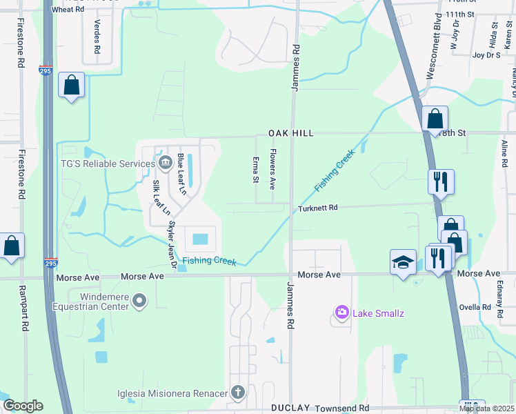 map of restaurants, bars, coffee shops, grocery stores, and more near 6564 Erma Street in Jacksonville
