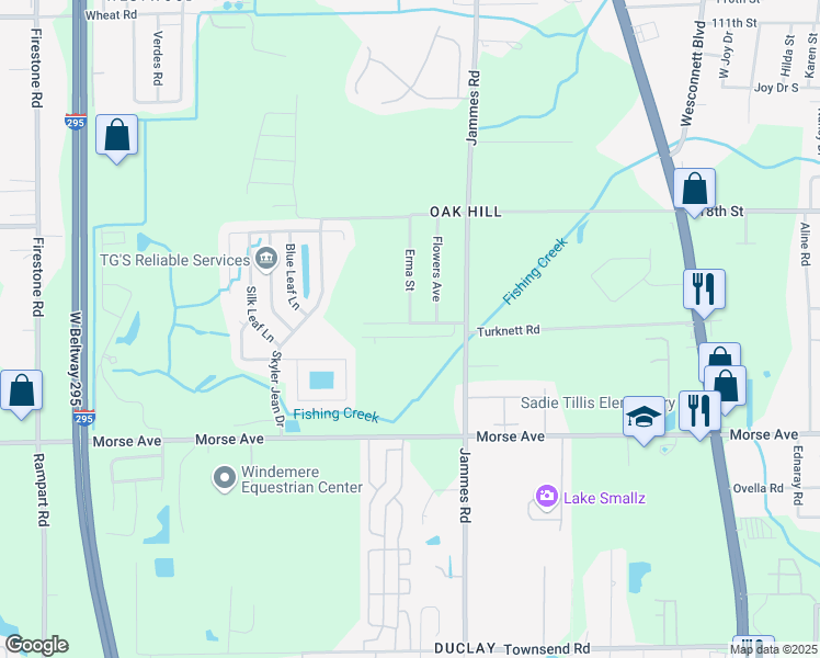 map of restaurants, bars, coffee shops, grocery stores, and more near 6564 Erma Street in Jacksonville