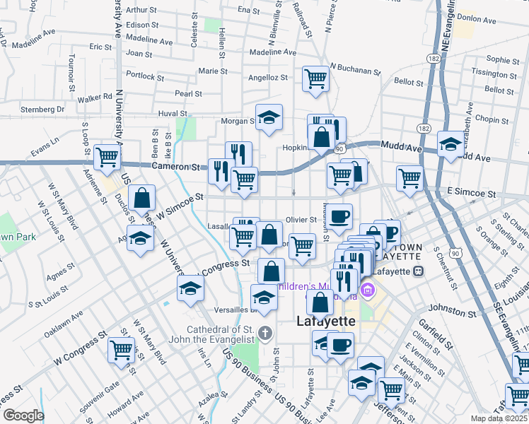 map of restaurants, bars, coffee shops, grocery stores, and more near 714 Olivier St in Lafayette