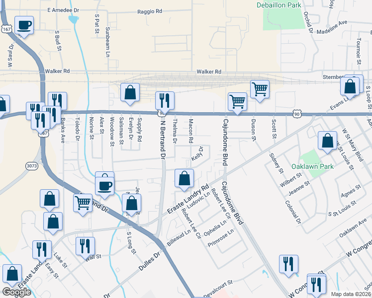 map of restaurants, bars, coffee shops, grocery stores, and more near 303 Macon Road in Lafayette