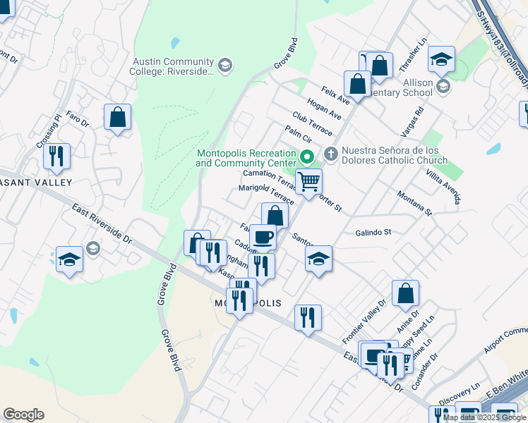 map of restaurants, bars, coffee shops, grocery stores, and more near 6118 Fairway Street in Austin