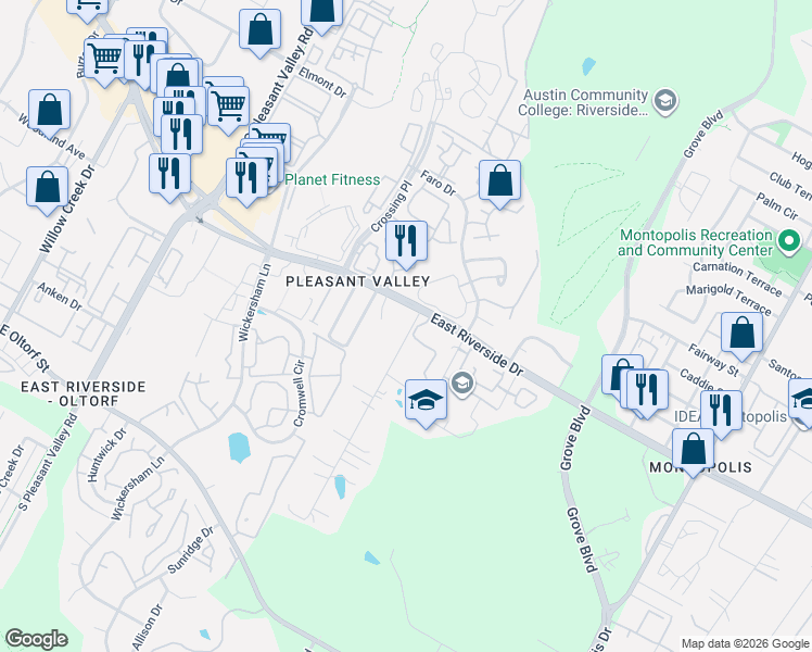 map of restaurants, bars, coffee shops, grocery stores, and more near 5201 East Riverside Drive in Austin