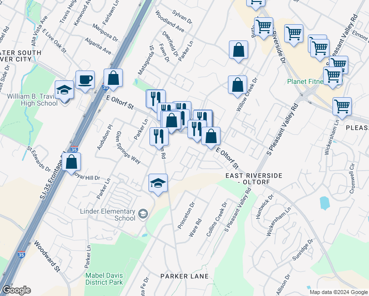map of restaurants, bars, coffee shops, grocery stores, and more near 2409 Burleson Court in Austin