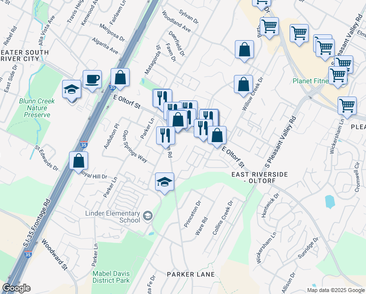 map of restaurants, bars, coffee shops, grocery stores, and more near 2409 Burleson Court in Austin