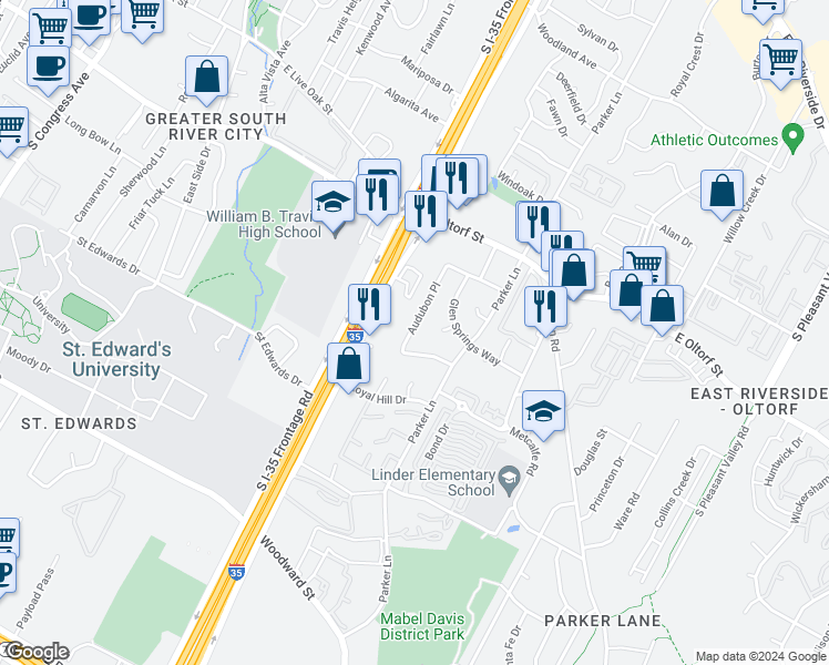 map of restaurants, bars, coffee shops, grocery stores, and more near 2608a Audubon Place in Austin