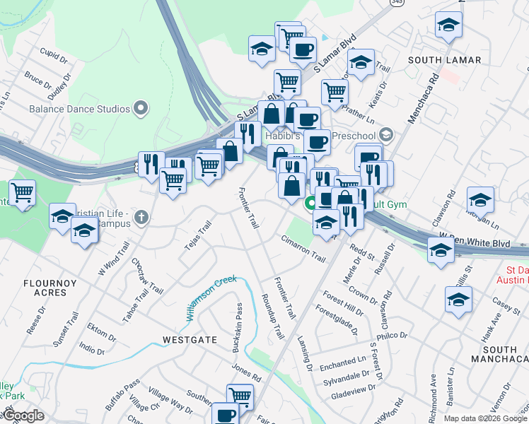 map of restaurants, bars, coffee shops, grocery stores, and more near 4503 Rim Rock Path in Austin