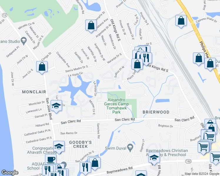 map of restaurants, bars, coffee shops, grocery stores, and more near 4331 Plaza Gate Lane South in Jacksonville