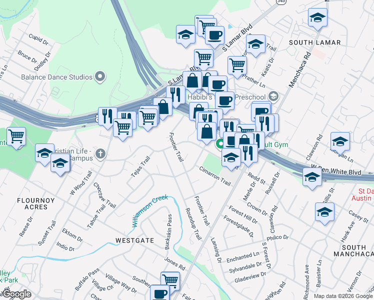 map of restaurants, bars, coffee shops, grocery stores, and more near 4500 Rim Rock Path in Austin