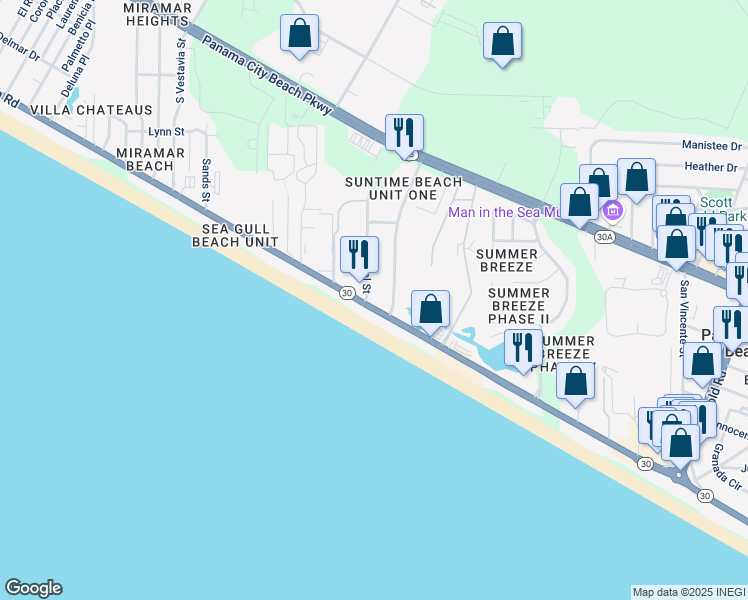 map of restaurants, bars, coffee shops, grocery stores, and more near 17517 Front Beach Road in Panama City Beach