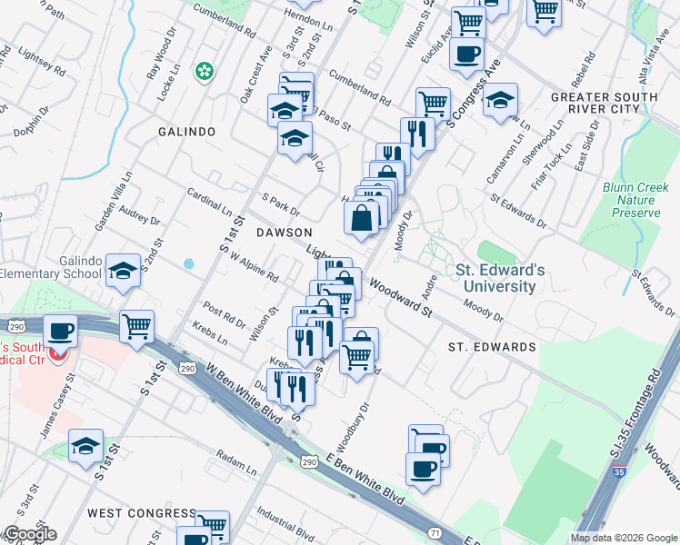 map of restaurants, bars, coffee shops, grocery stores, and more near 3400 South Congress Avenue in Austin