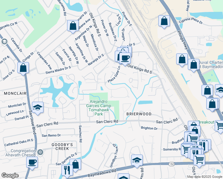 map of restaurants, bars, coffee shops, grocery stores, and more near 4338 Lake Woodbourne Drive in Jacksonville