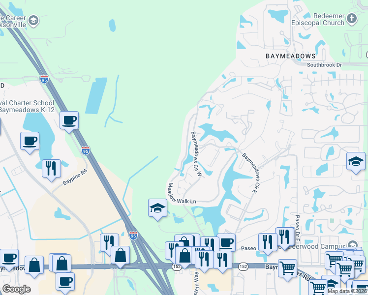 map of restaurants, bars, coffee shops, grocery stores, and more near 7874 Meadow Walk Lane in Jacksonville