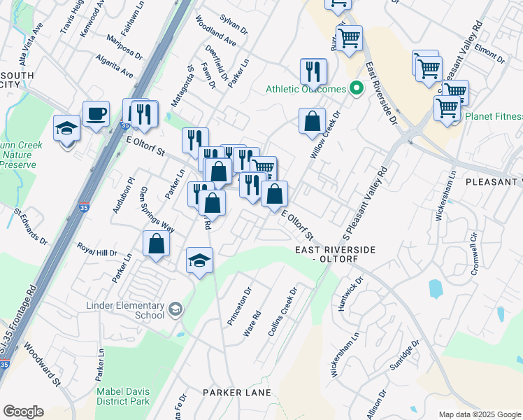 map of restaurants, bars, coffee shops, grocery stores, and more near 2159 East Oltorf Street in Austin