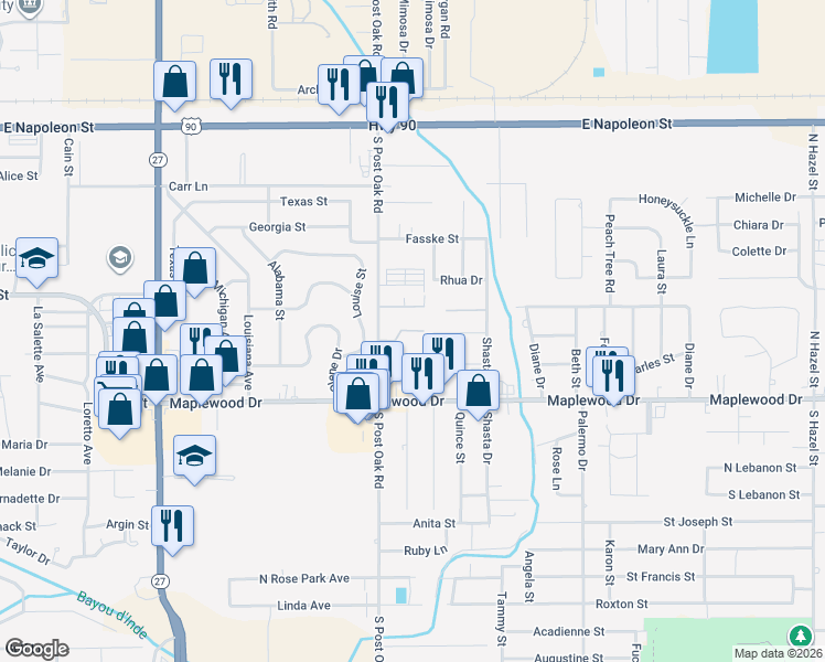 map of restaurants, bars, coffee shops, grocery stores, and more near 598 South Post Oak Road in Sulphur