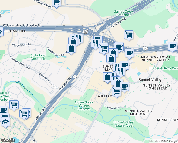 map of restaurants, bars, coffee shops, grocery stores, and more near 5501 South Mo-Pac Expressway in Austin