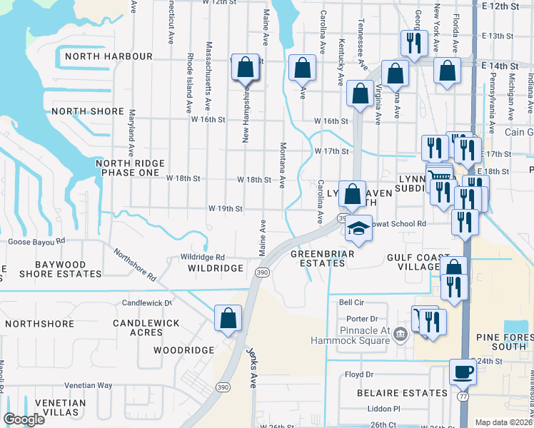 map of restaurants, bars, coffee shops, grocery stores, and more near 1105 West 19th Street in Lynn Haven