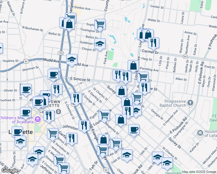 map of restaurants, bars, coffee shops, grocery stores, and more near 196 Surrey Street in Lafayette