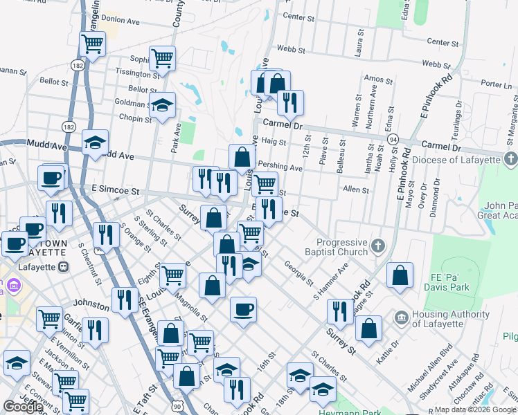 map of restaurants, bars, coffee shops, grocery stores, and more near 1299 10th St in Lafayette