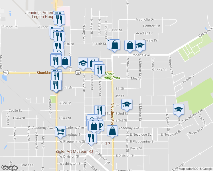 map of restaurants, bars, coffee shops, grocery stores, and more near 1014 North Church Street in Jennings