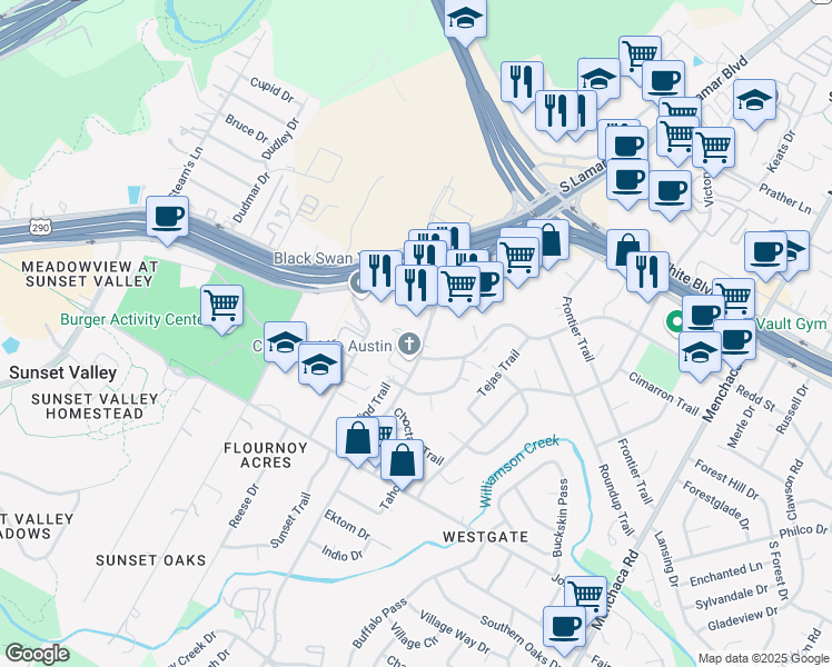 map of restaurants, bars, coffee shops, grocery stores, and more near 4638 West Gate Boulevard in Austin