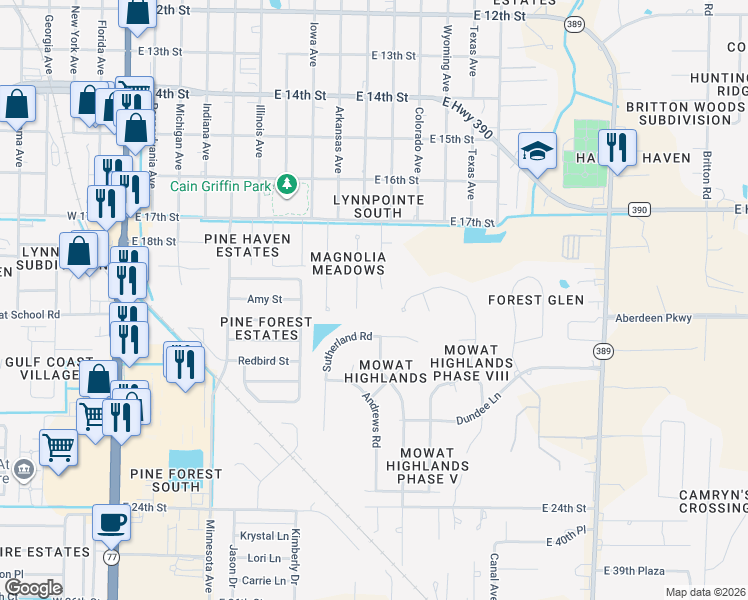 map of restaurants, bars, coffee shops, grocery stores, and more near 1812 Glencoe Drive in Lynn Haven