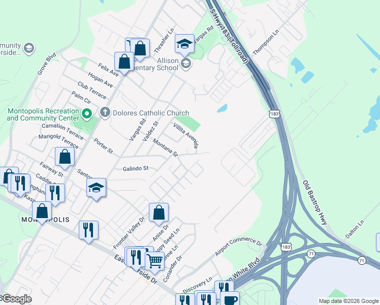map of restaurants, bars, coffee shops, grocery stores, and more near 1043 Frontier Valley Drive in Austin