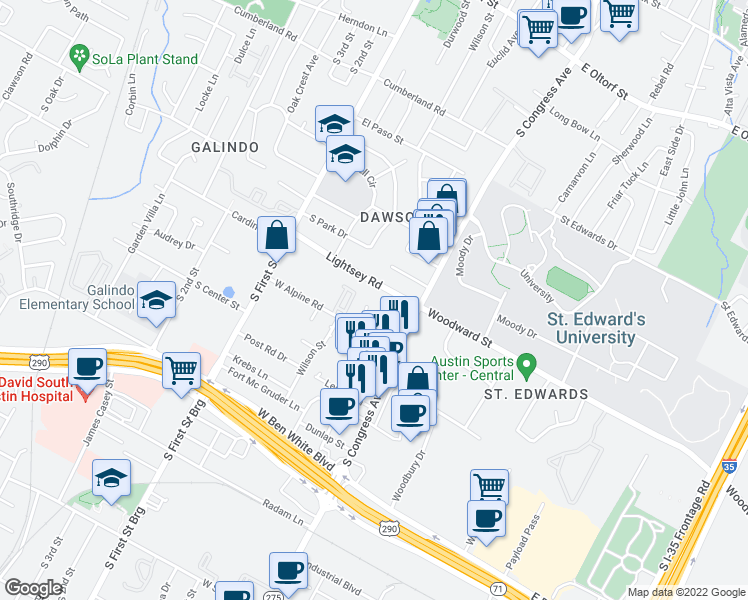 map of restaurants, bars, coffee shops, grocery stores, and more near 3501 Alpine Circle in Austin