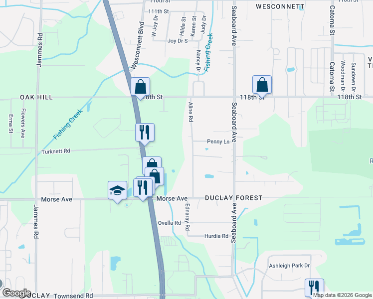 map of restaurants, bars, coffee shops, grocery stores, and more near 6624 Aline Road in Jacksonville