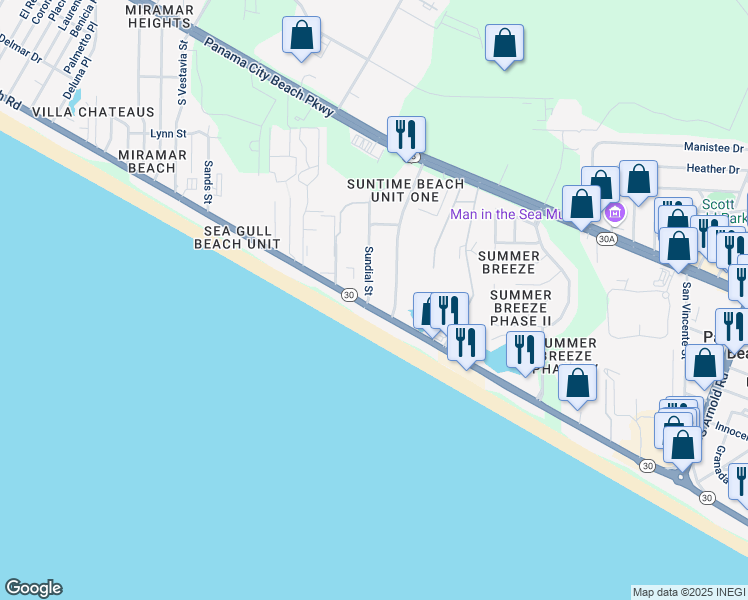 map of restaurants, bars, coffee shops, grocery stores, and more near 17517 Front Beach Road in Panama City Beach