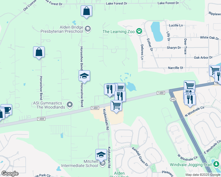 map of restaurants, bars, coffee shops, grocery stores, and more near 15707 Kuykendahl Court in Conroe