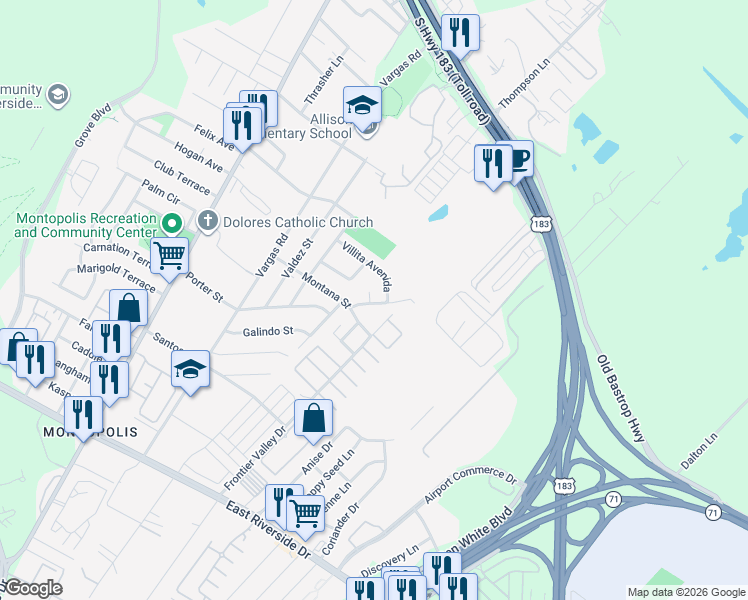 map of restaurants, bars, coffee shops, grocery stores, and more near 1043 Frontier Valley Drive in Austin