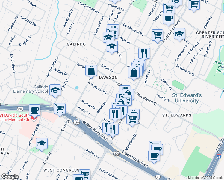 map of restaurants, bars, coffee shops, grocery stores, and more near 304 West Alpine Road in Austin