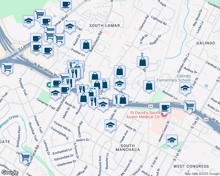map of restaurants, bars, coffee shops, grocery stores, and more near 1603 Morgan Lane in Austin