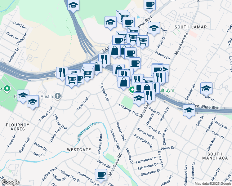 map of restaurants, bars, coffee shops, grocery stores, and more near 4503 Rim Rock Path in Austin