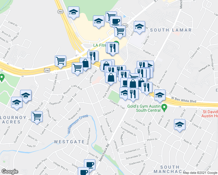 map of restaurants, bars, coffee shops, grocery stores, and more near Pack Saddle Pass & Western Trails Blvd in Austin