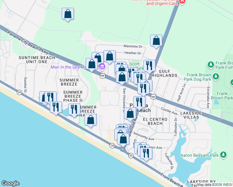 map of restaurants, bars, coffee shops, grocery stores, and more near 17225 Panama City Beach Parkway in Panama City Beach