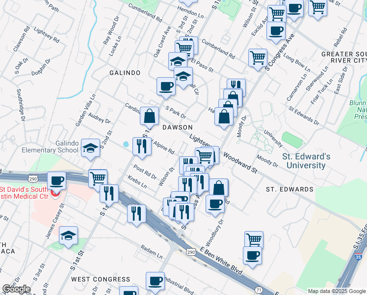 map of restaurants, bars, coffee shops, grocery stores, and more near 3505 Charlotte Rose Drive in Austin