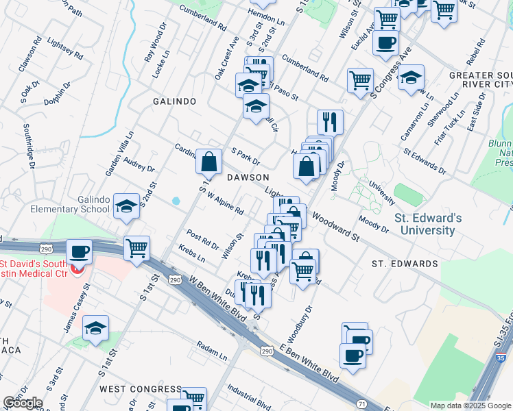 map of restaurants, bars, coffee shops, grocery stores, and more near 304 West Alpine Road in Austin