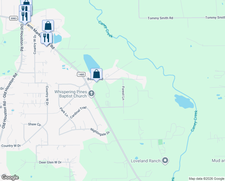 map of restaurants, bars, coffee shops, grocery stores, and more near 15271 Gideon Road in Conroe