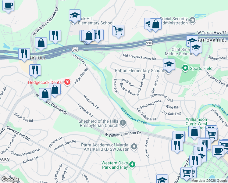 map of restaurants, bars, coffee shops, grocery stores, and more near 6408 Steer Trail in Austin