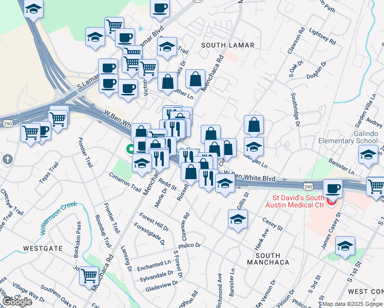 map of restaurants, bars, coffee shops, grocery stores, and more near 1807 Fort View Road in Austin